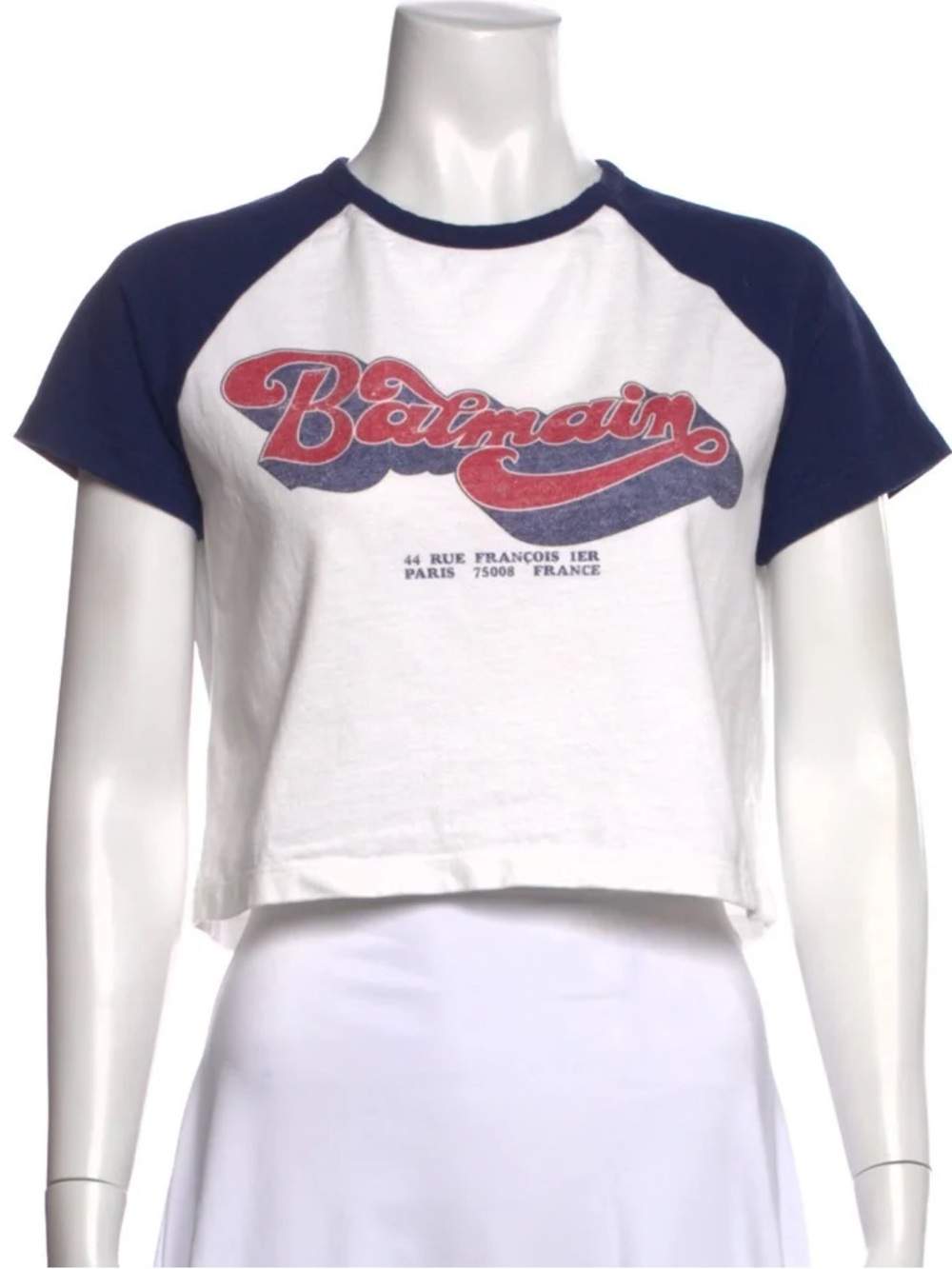 Balmain White and Navy Cropped Raglan Logo Tee